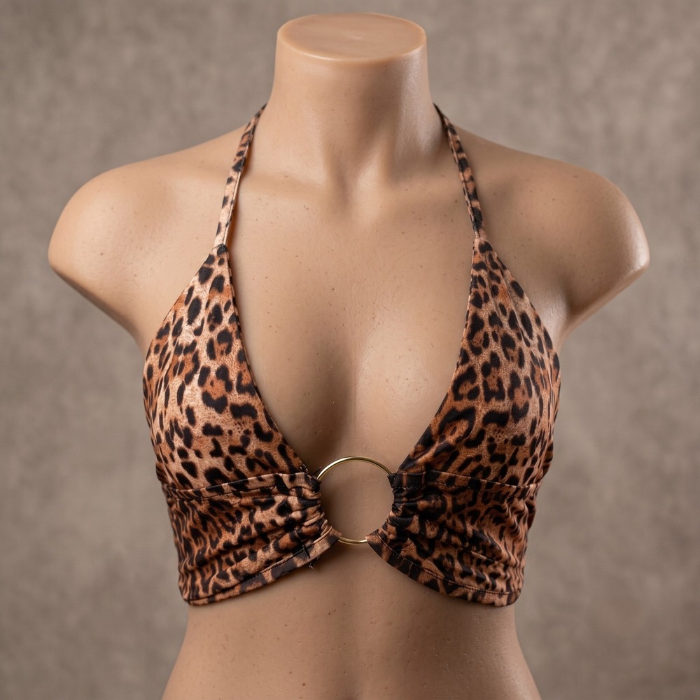 New Small Brown Leopard Print O-Ring Halter Crop Top Y2k Retro Tank Backless